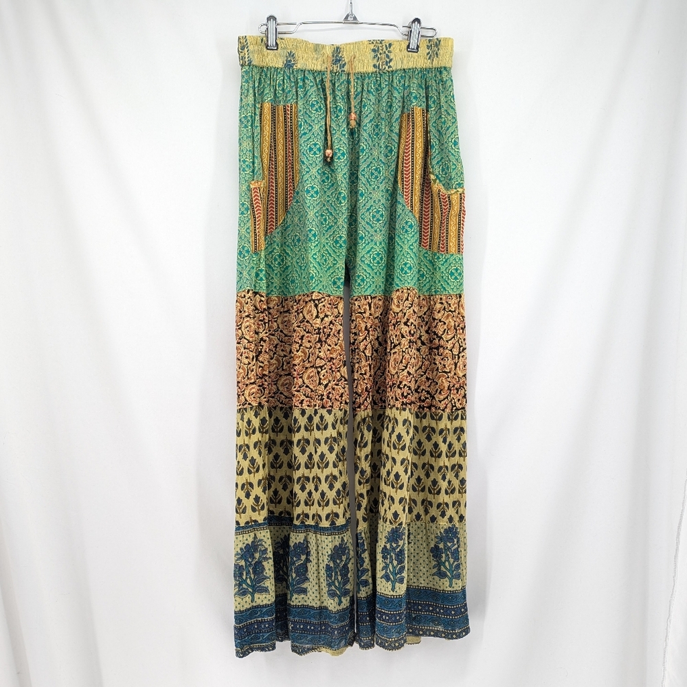 Gypsy Rose Bohemian Patchwork Ultra Wide Leg Baggy Green and Brown Flowy Pants S